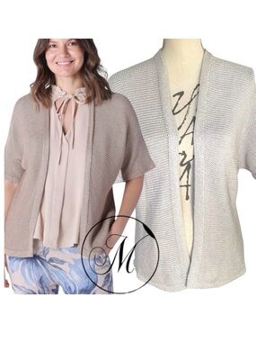 M Made in Italy Taupe/Grey Short Sleeve Texture Open Front Cardigan Sweater (XS)